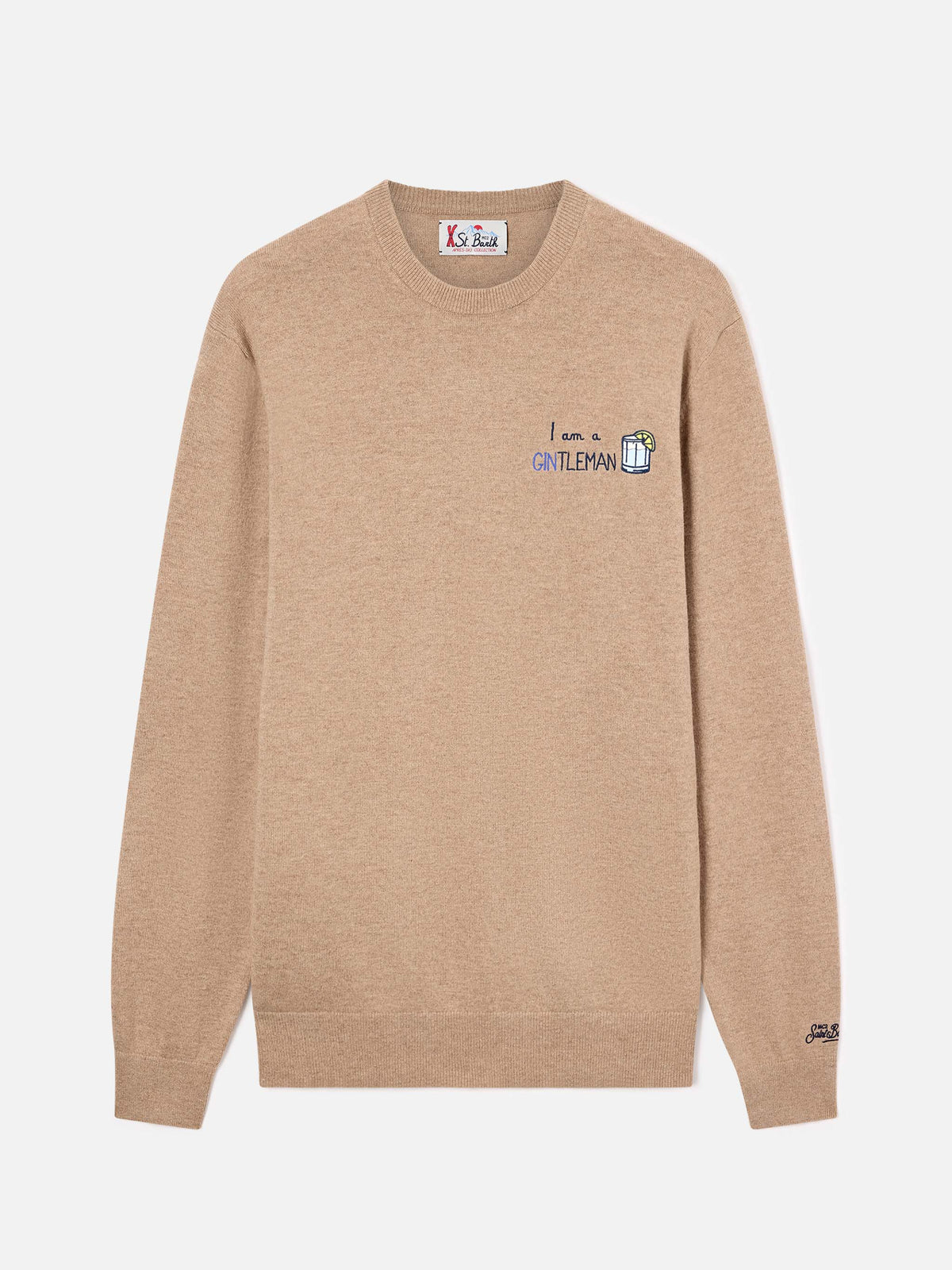 Beige Heron Light wool and cashmere blend crewneck with Gintleman embroidery