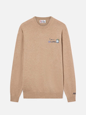 Beige Heron Light wool and cashmere blend crewneck with Gintleman embroidery