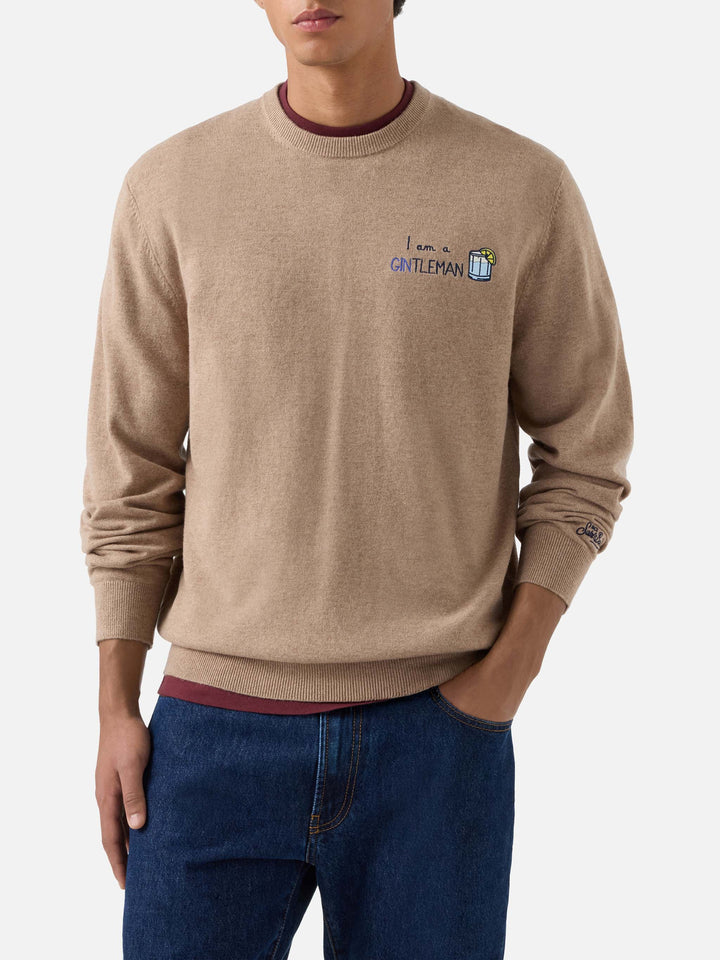 Beige Heron Light wool and cashmere blend crewneck with Gintleman embroidery