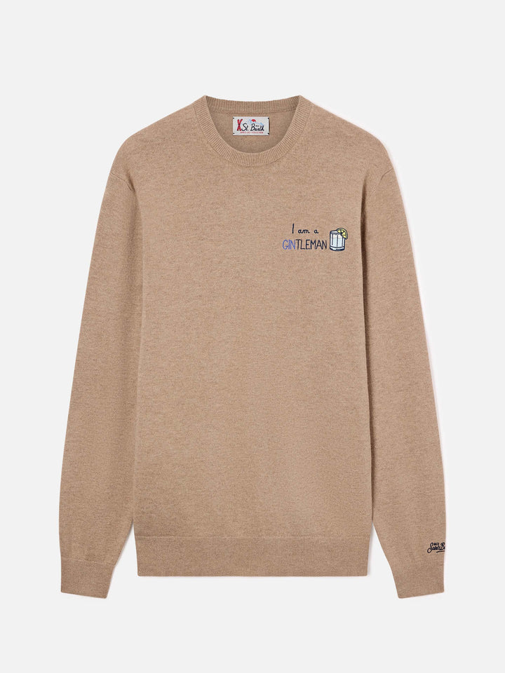 Beige Heron Light wool and cashmere blend crewneck with Gintleman embroidery