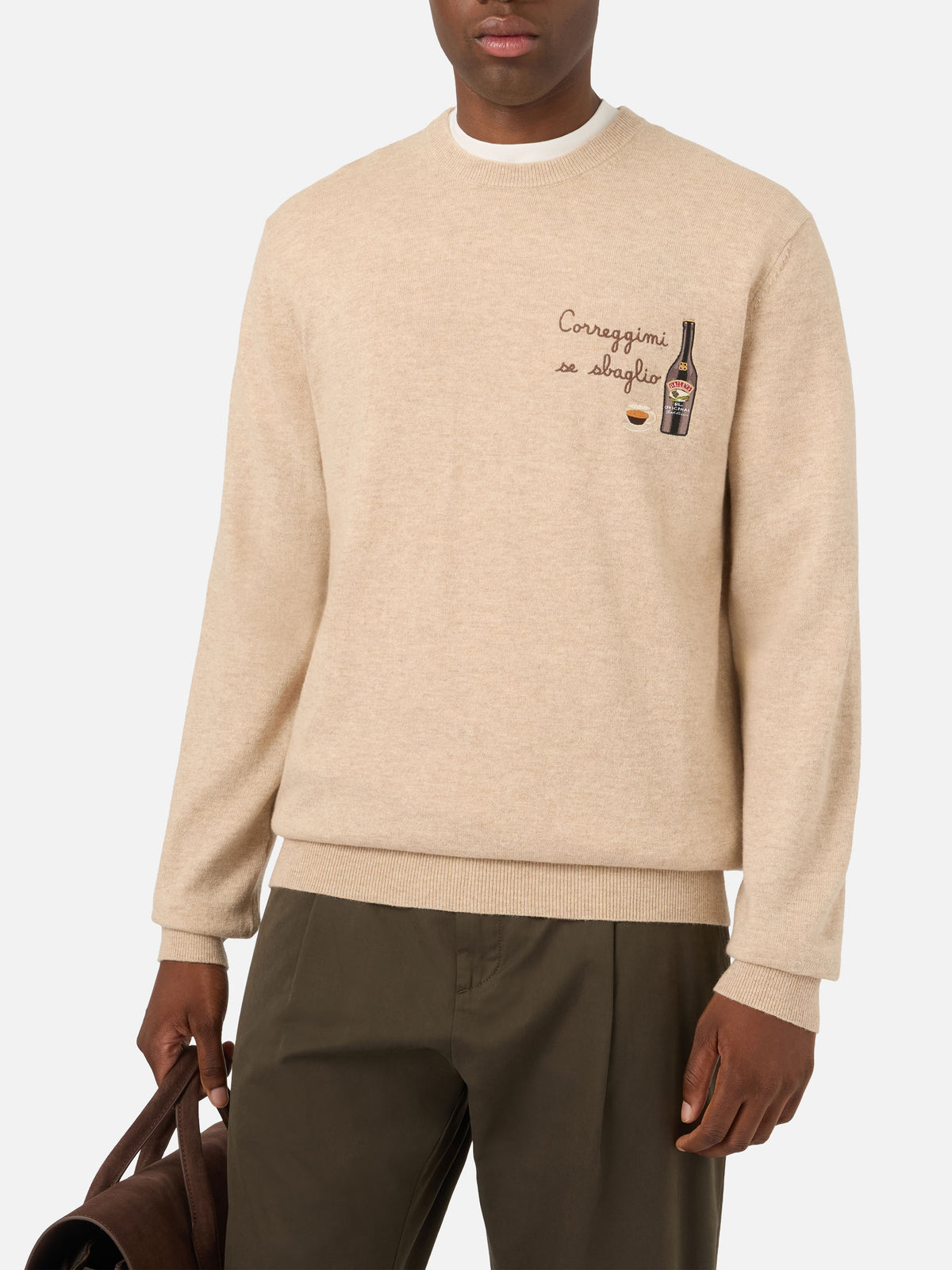 Jersey de cuello redondo Beige Heron en mezcla ligera de lana y cachemira con bordado Baileys | Special edition 