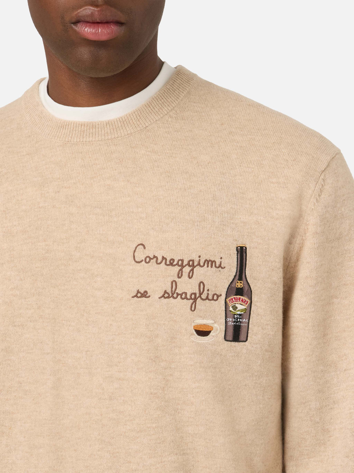 Jersey de cuello redondo Beige Heron en mezcla ligera de lana y cachemira con bordado Baileys | Special edition 