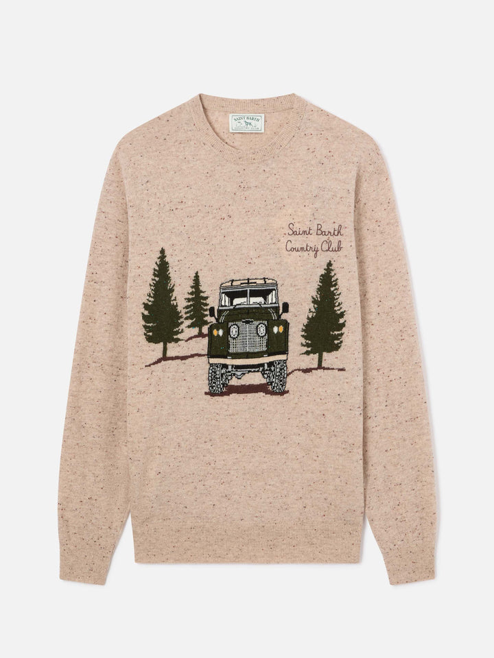 Pull col rond en maille Donegal beige Heron avec intarsia et broderie Country Club 
