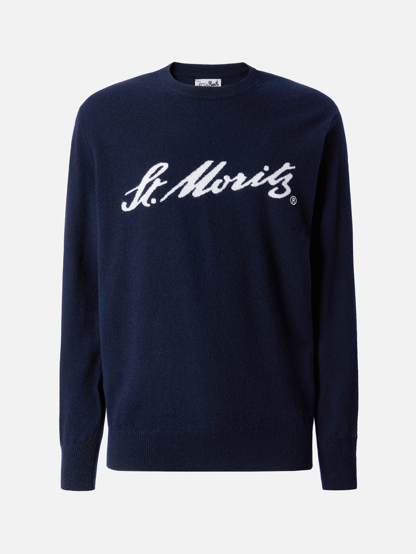 Heron Light Pullover aus 100 % blauem Kaschmir mit St. Moritz Intarsien | ST. MORITZ TOP OF THE WORLD