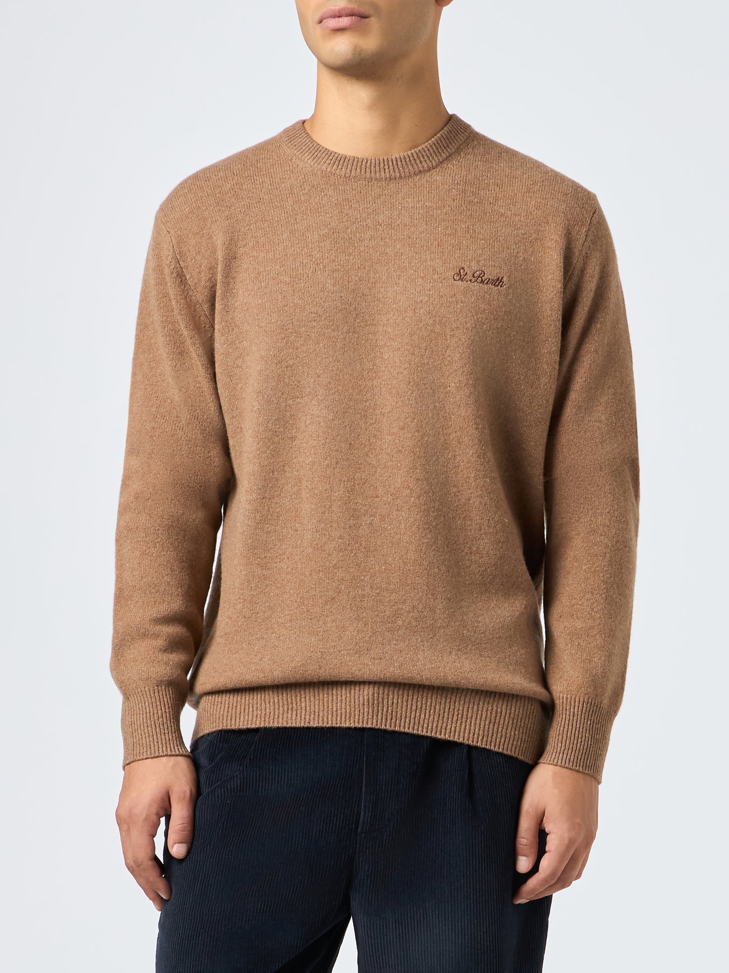 Man crewneck camel lambswool sweater with St. Barth embroidery - MC2 Saint Barth
