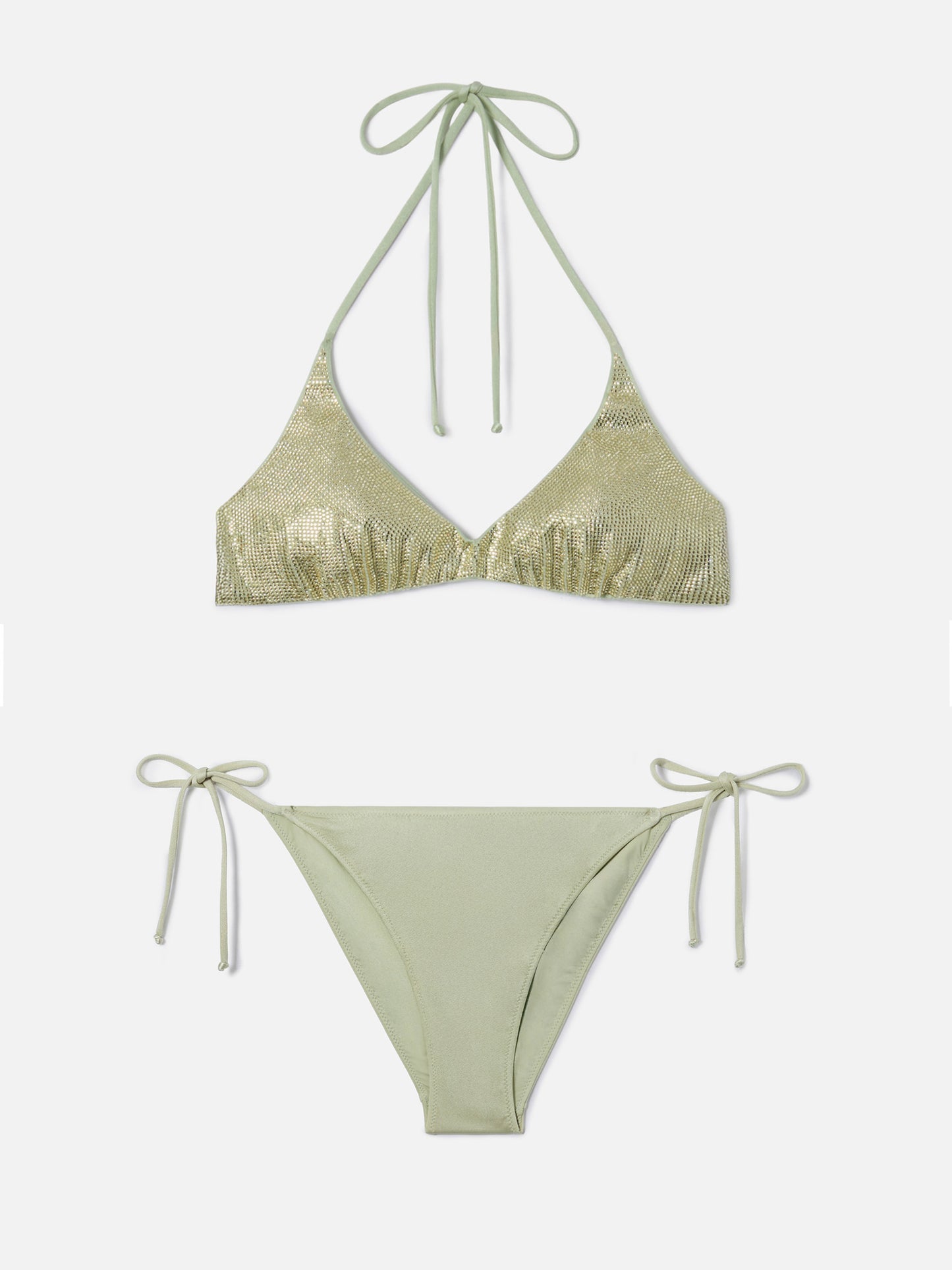 Bikini Hespera Virgo verde menta con acabado brillante y pedrería 