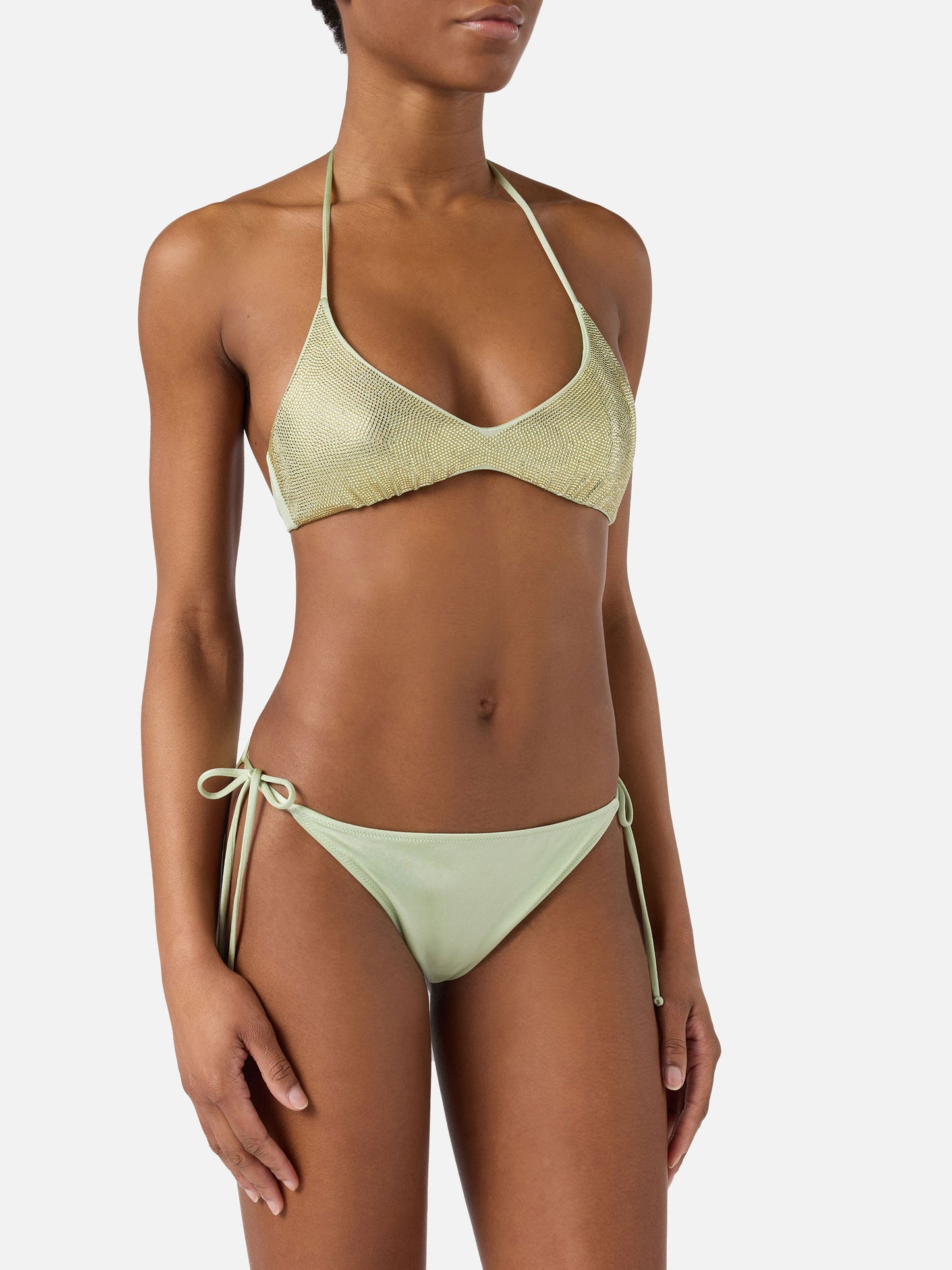 Bikini Hespera Virgo verde menta con acabado brillante y pedrería 