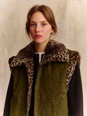 Military green Hesketh reversible waxed vest with leopard faux fur