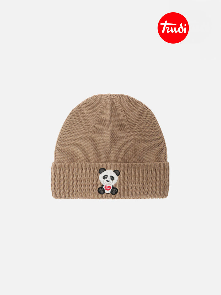 Holden cashmere-blend beanie in beige with Trudi Panda embroidery | TRUDI SPECIAL EDITION