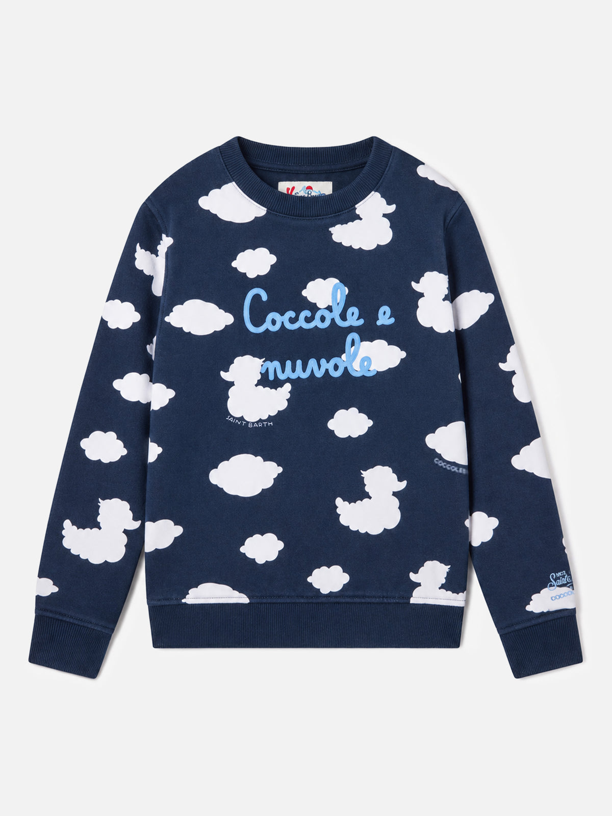 Blaues Kinder-Sweatshirt mit Rundhalsausschnitt und Stickerei „Coccole e nuvole“ | COCCOLEBIMBI SPECIAL EDITION 