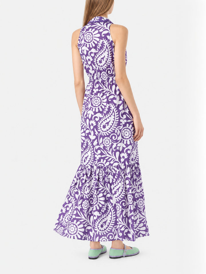 Abito lungo Ida in cotone con fantasia paisley viola