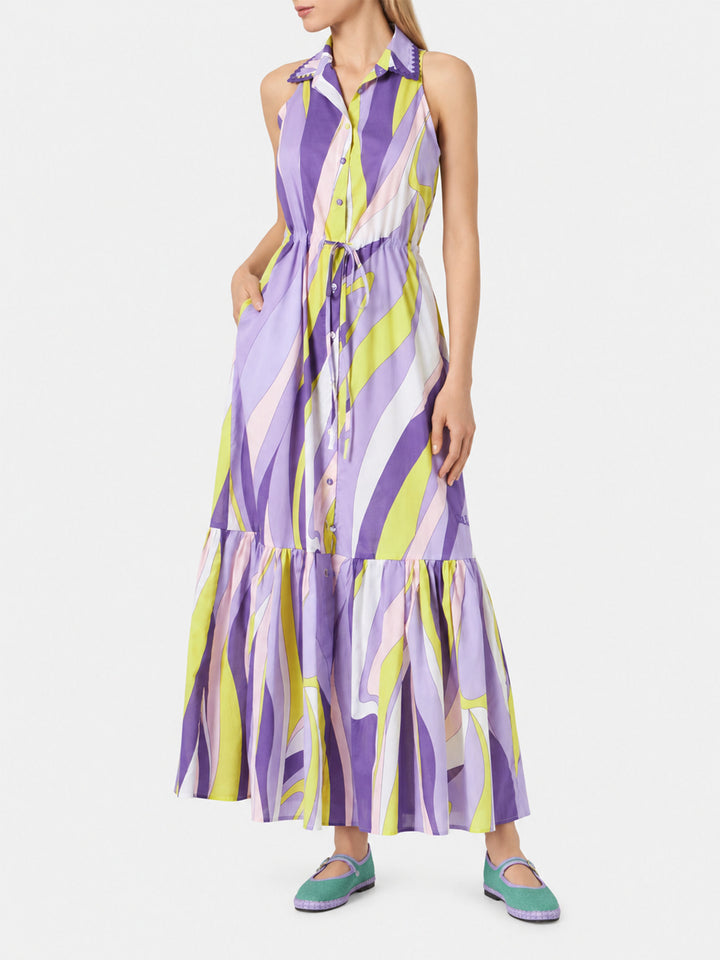 Langes Baumwollkleid Ida mit Wellenprint 