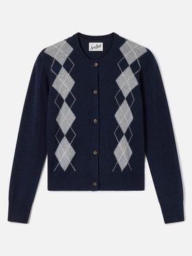 Navy blue Sierra wool and cashmere blend cardigan with argyle pattern