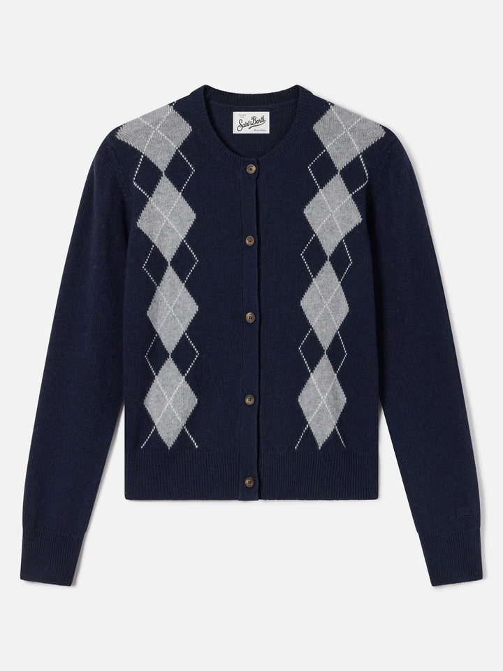 Navy blue Sierra wool and cashmere blend cardigan with argyle pattern