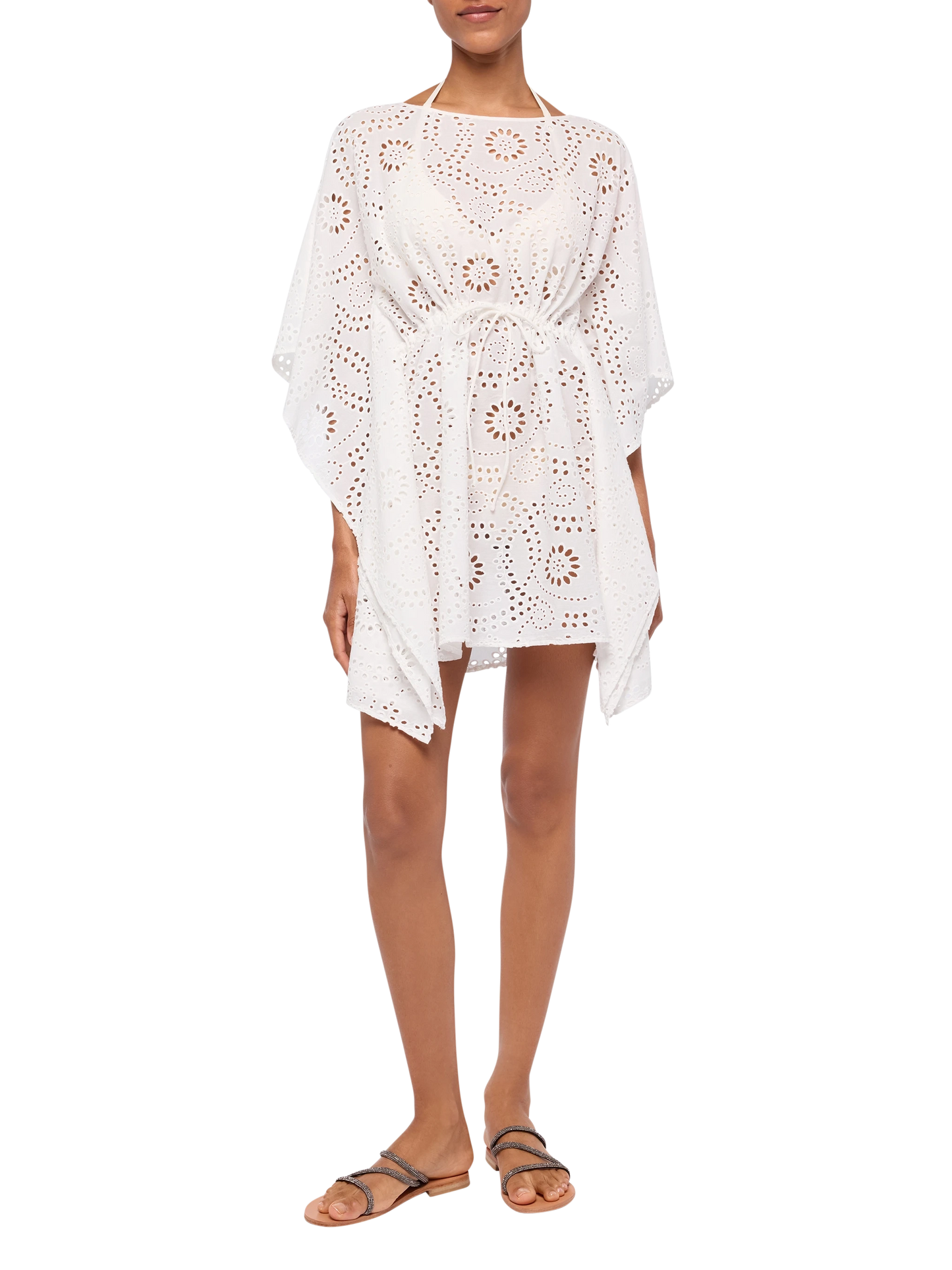 Baumwollkaftan Iria aus weißem Sangallo-Spitzenstoff