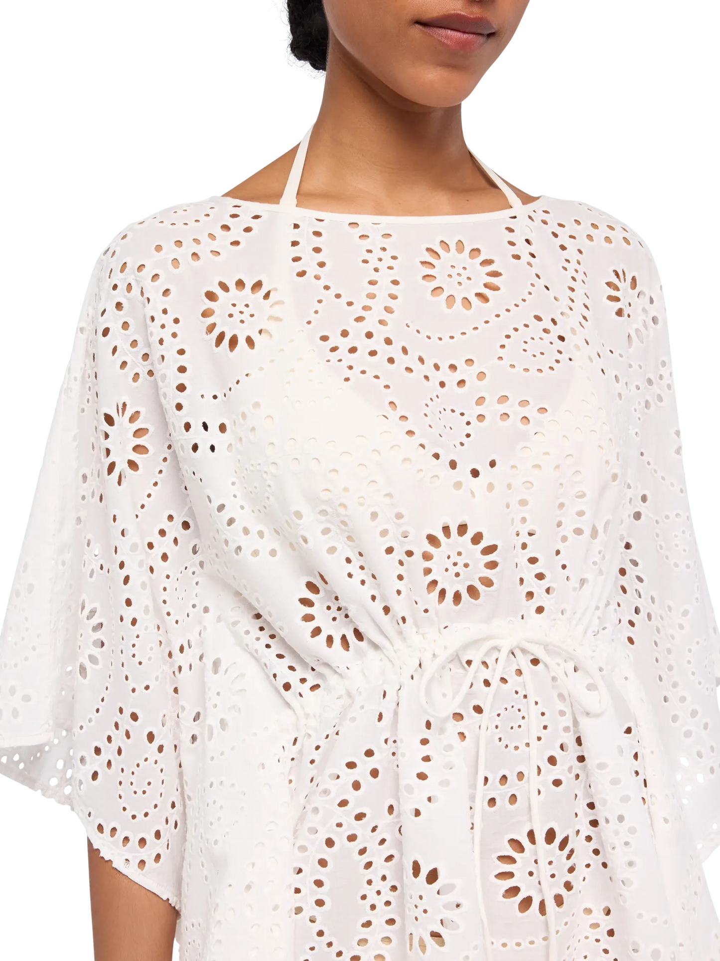 Baumwollkaftan Iria aus weißem Sangallo-Spitzenstoff