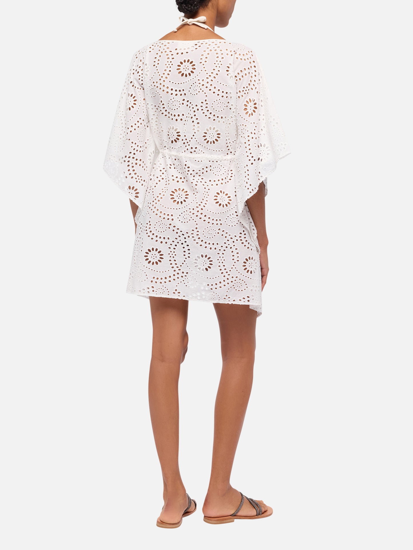 Baumwollkaftan Iria aus weißem Sangallo-Spitzenstoff