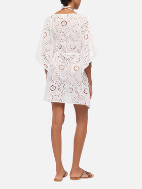 Baumwollkaftan Iria aus weißem Sangallo-Spitzenstoff