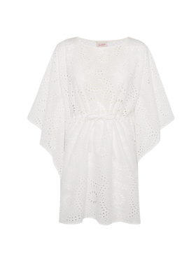 Baumwollkaftan Iria aus weißem Sangallo-Spitzenstoff