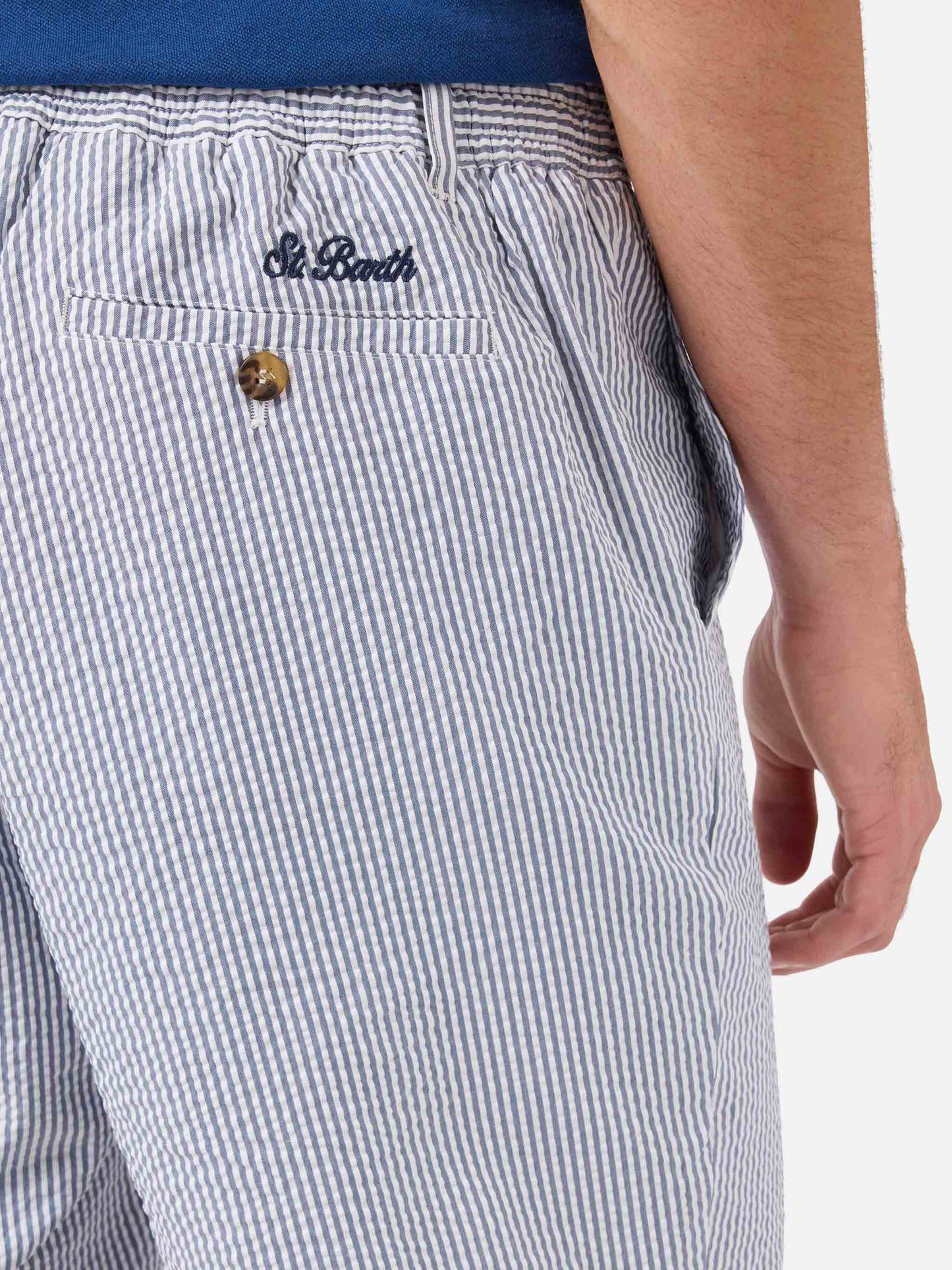 Navy blue Ischia bermuda shorts in striped seersucker