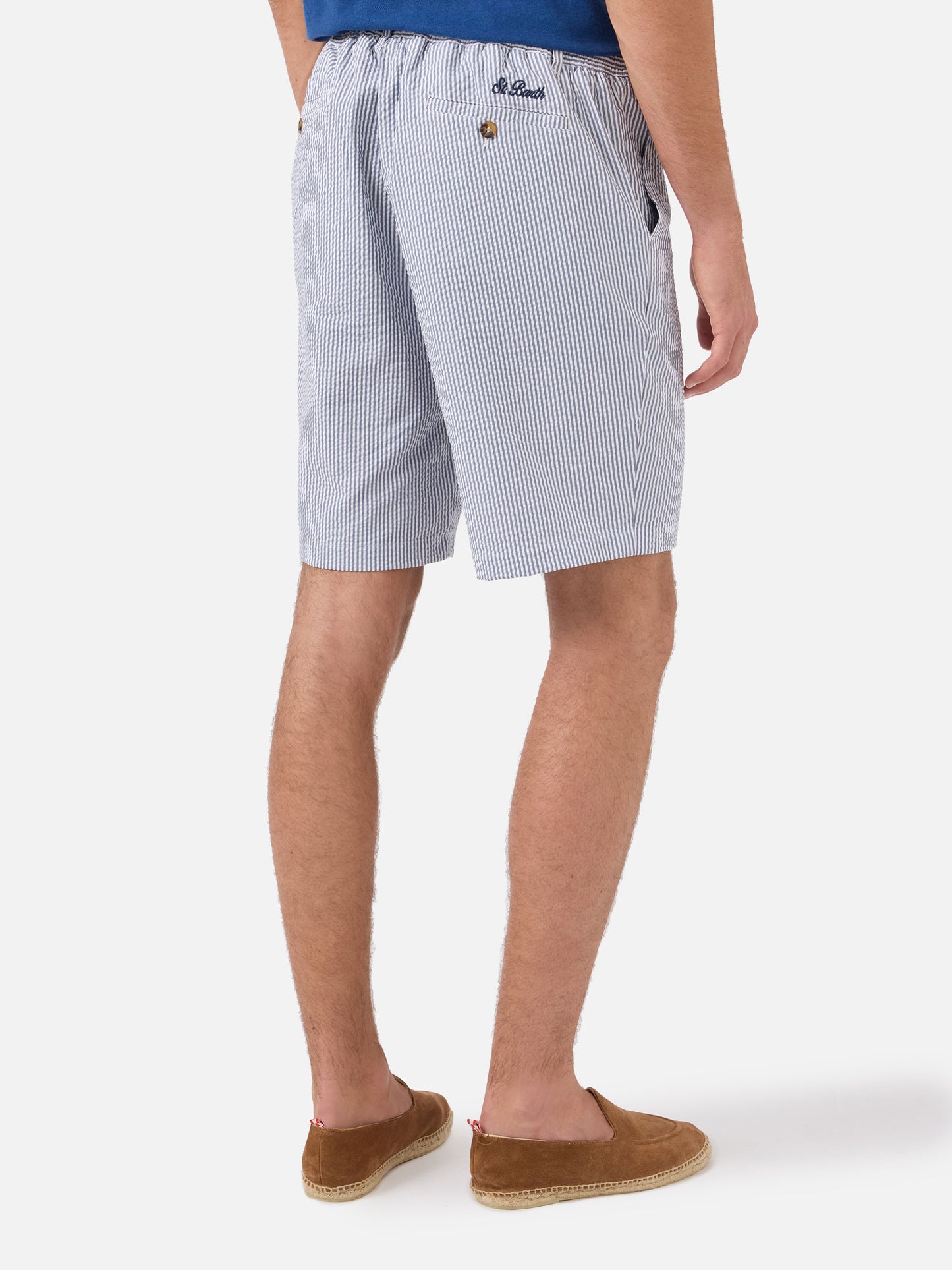 Navy blue Ischia bermuda shorts in striped seersucker