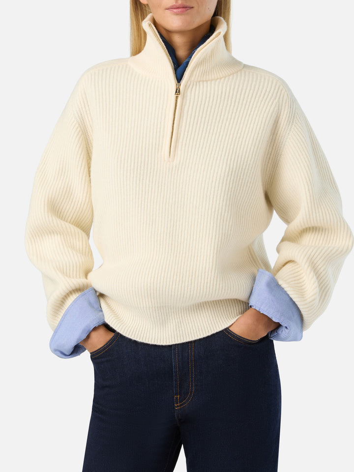 Pull en laine Isalyn Off white à demi-zip 