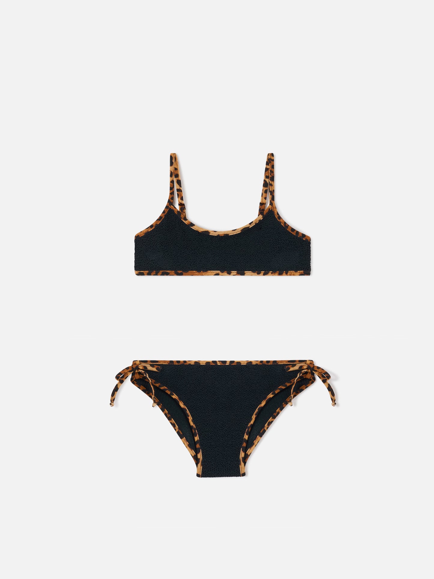 Jaiden String-Bikini aus schwarzem Crinkle mit Leopardenbesätzen 