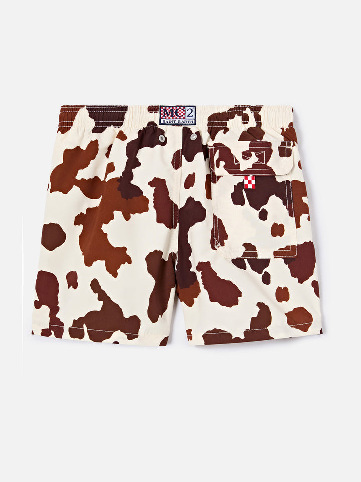 Jean swim shorts with cow animal print