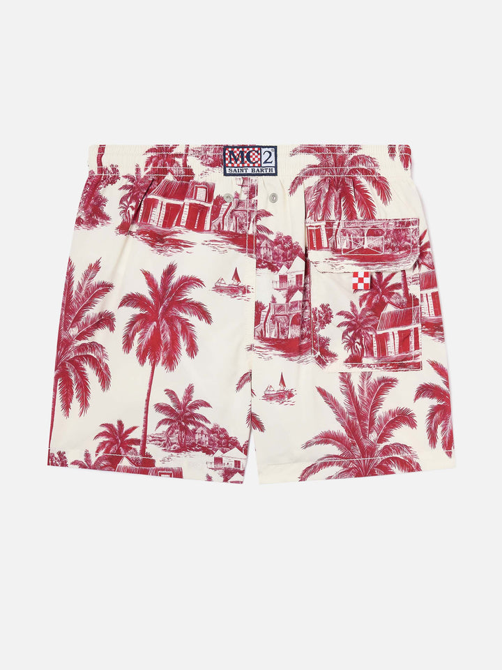 Jean swim shorts with Toile de Jouy red print
