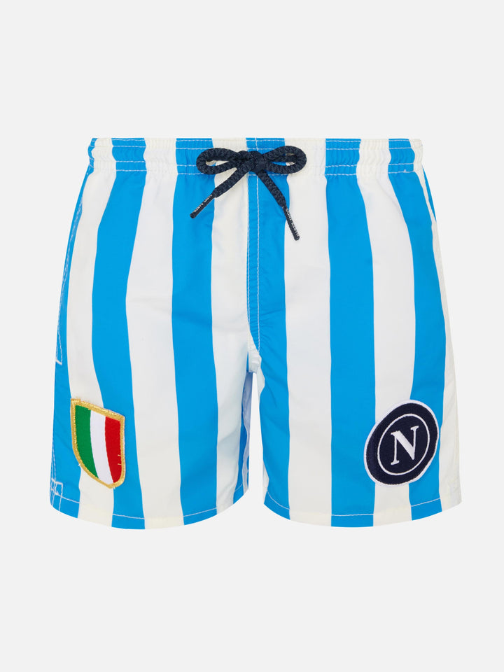 Jean mid-length swim shorts with Napoli print and patch | SSC NAPOLI SPECIAL EDITION