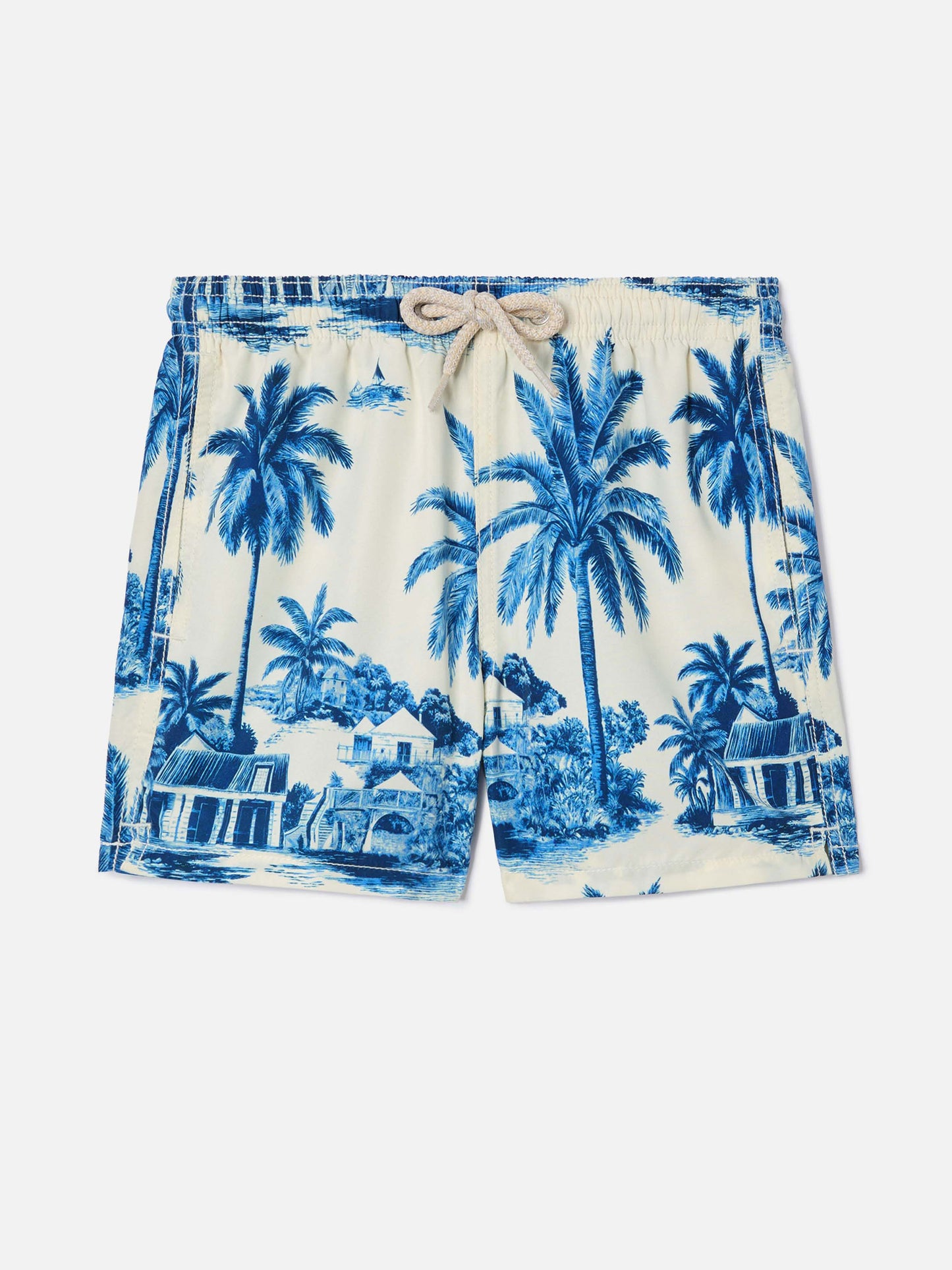 Jean swim shorts with Toile de Jouy blue print