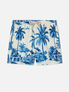 Jean swim shorts with Toile de Jouy blue print