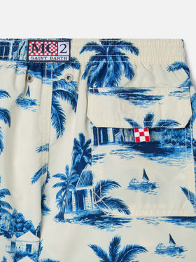 Jean swim shorts with Toile de Jouy blue print