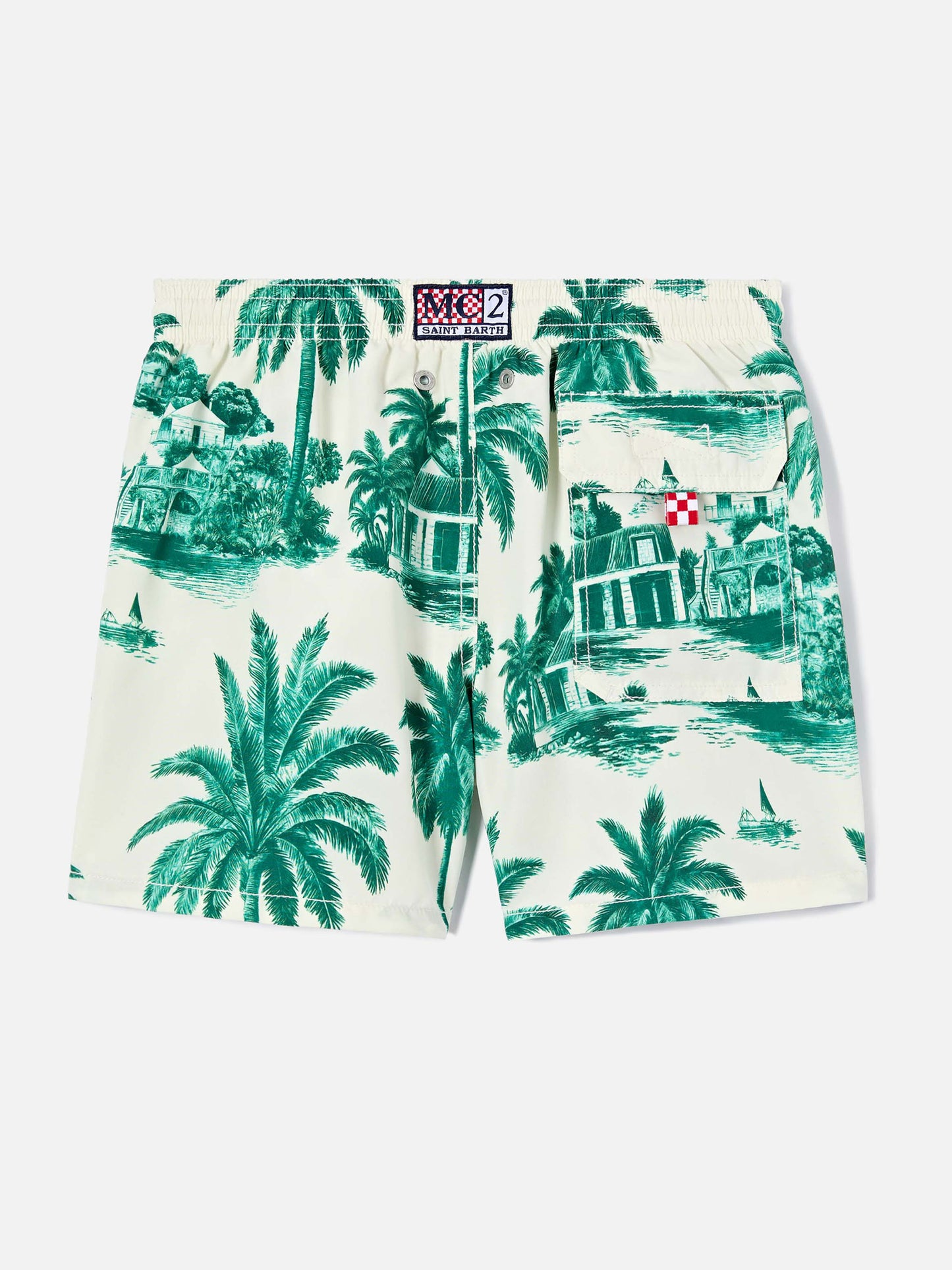 Jean swim shorts with Toile de Jouy green print