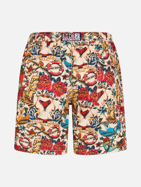 Boy mid-length Jean swim-shorts with striped print - MC2 Saint Barth