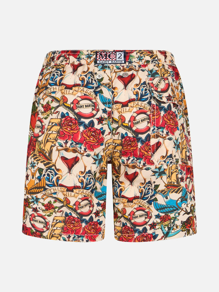 Boy mid-length Jean swim-shorts with striped print - MC2 Saint Barth