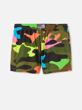 Boy swim shorts with multicolor fluo camouflage print