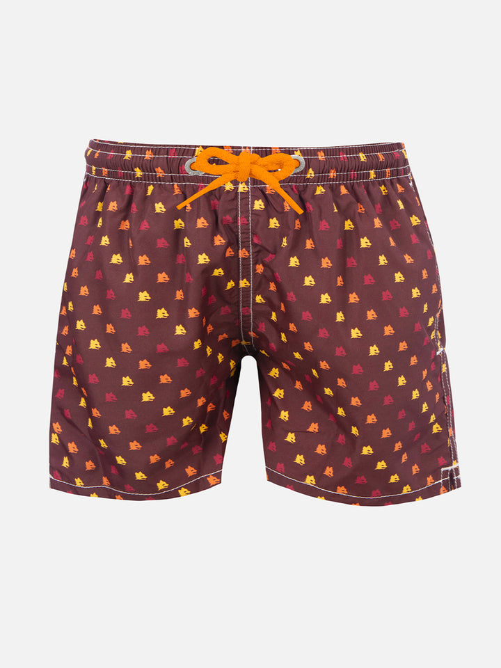 Leichte Jeans-Badeshorts aus Stoff mit Roma-Print | AS ROMA SPECIAL EDITION