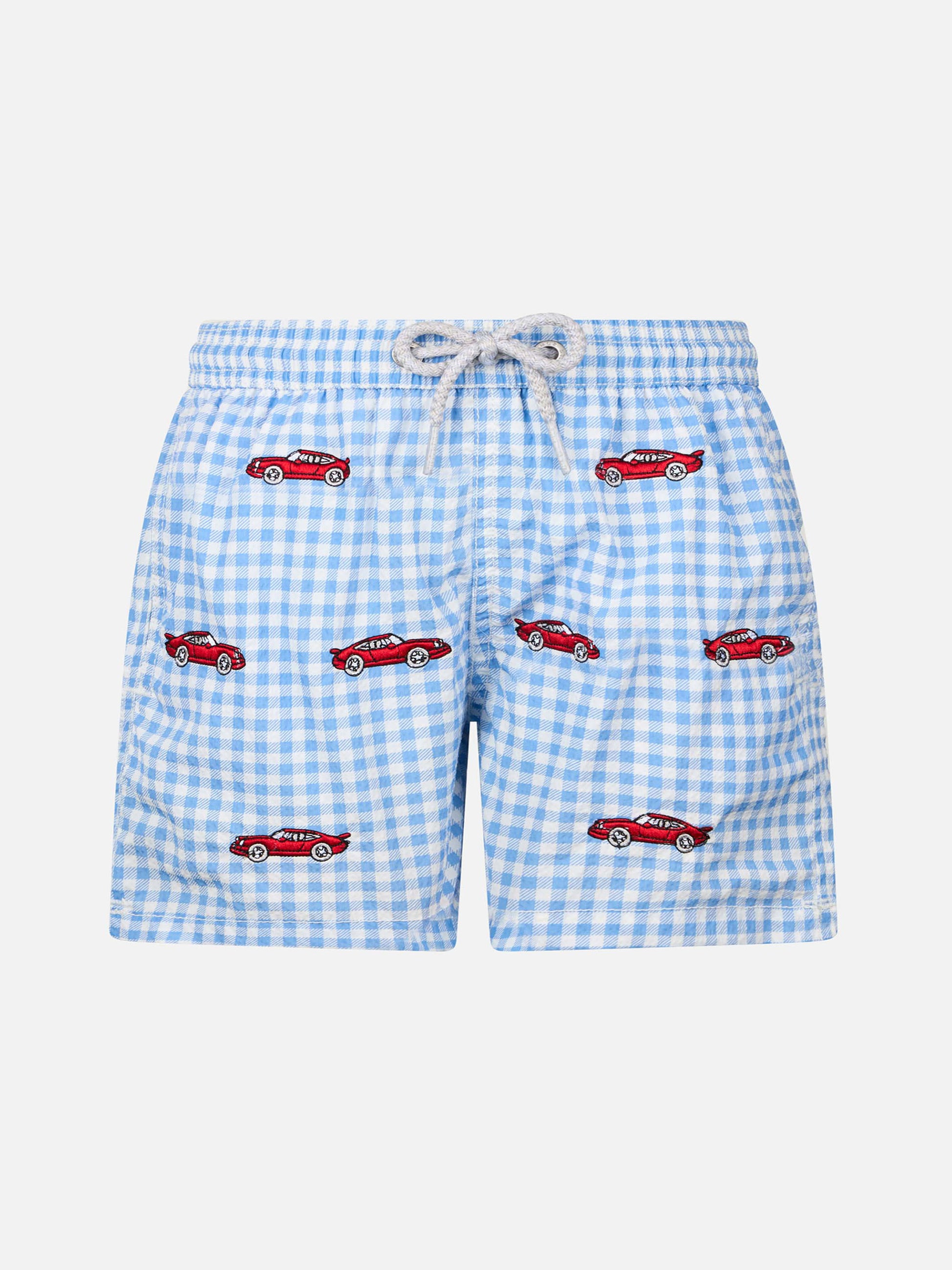 Boy seersucker swim-shorts Jean with cars embroidery - MC2 Saint Barth