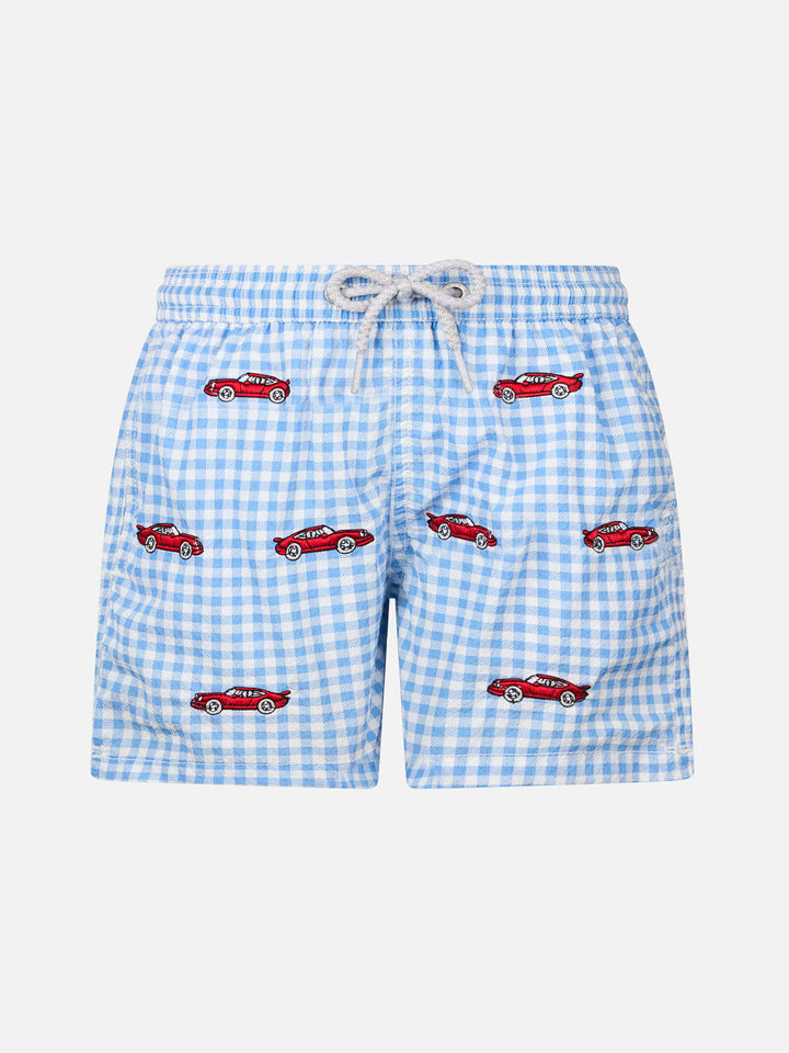 Boy seersucker swim-shorts Jean with cars embroidery - MC2 Saint Barth