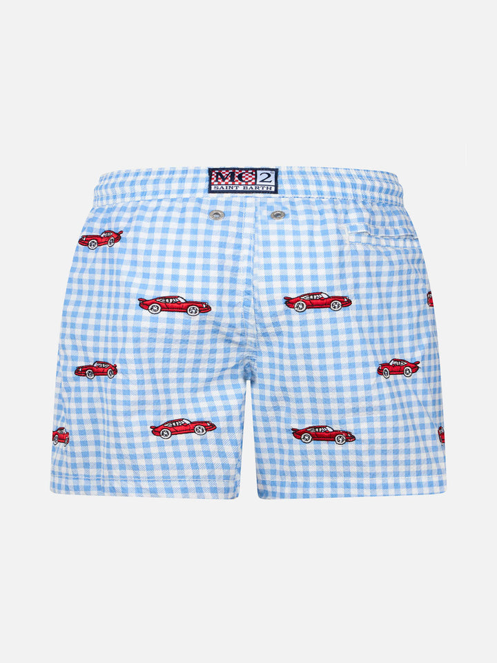 Boy seersucker swim-shorts Jean with cars embroidery - MC2 Saint Barth