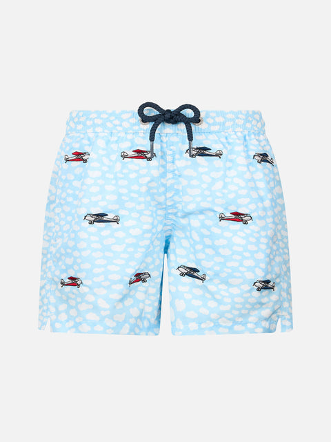 Boy lightweight fabric swim-shorts Jean Lighting with airplanes embroidery - MC2 Saint Barth