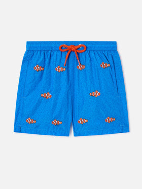 Jean Embroidery swim shorts with Clownfish on coral background