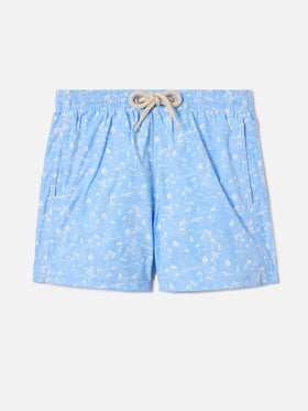 Jean Lighting Stretch swim shorts with all-over Wave Toile de jouy print