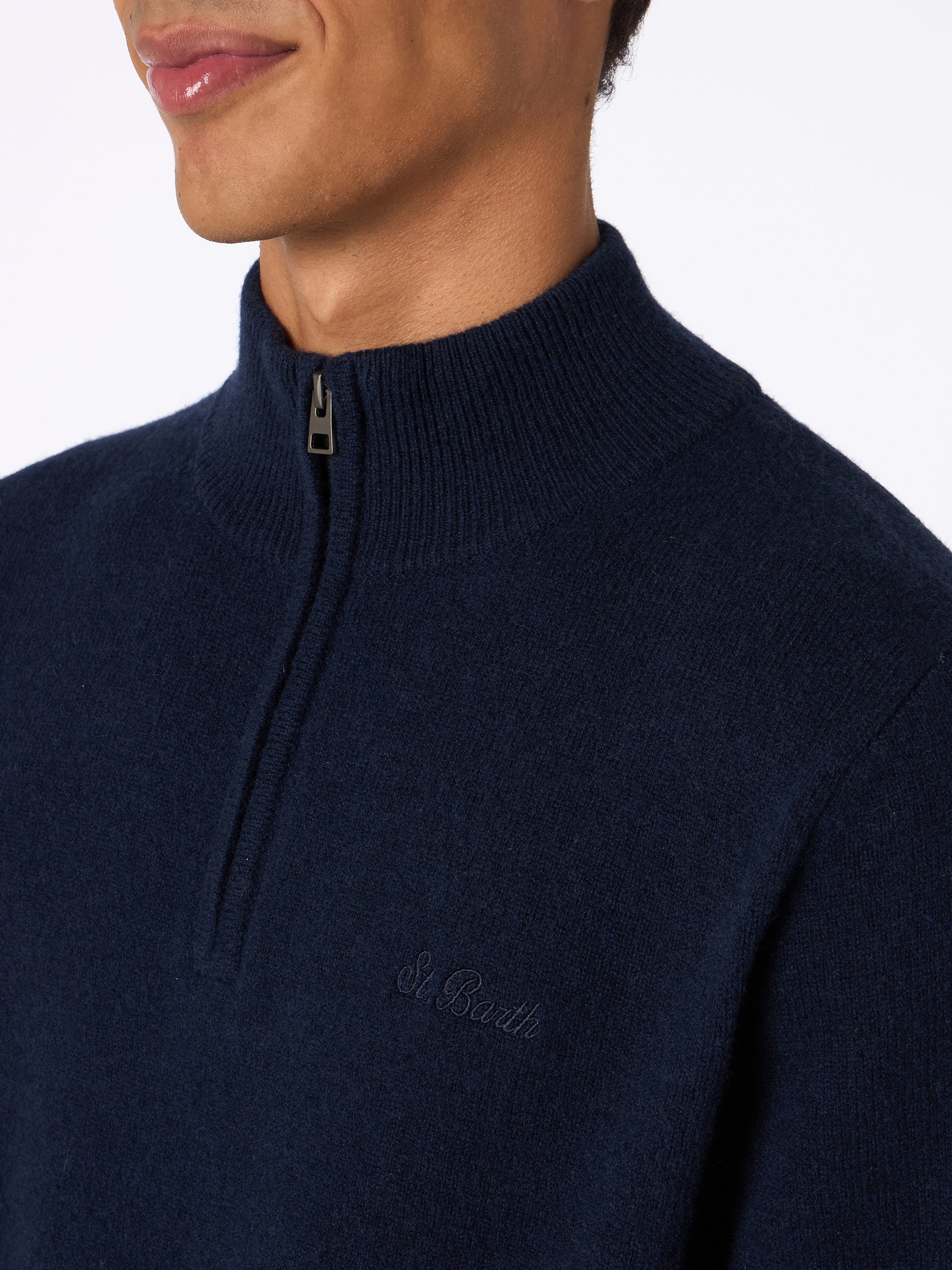 Man quarter-zip lambswool blue sweater Jermyn - MC2 Saint Barth
