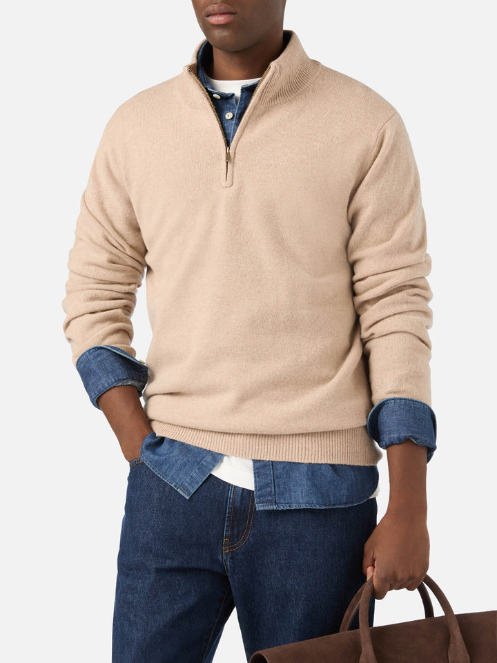 Beiger Jermyn Half-Zip-Strickpullover aus Lambswool mit kontrastierendem Kragen 