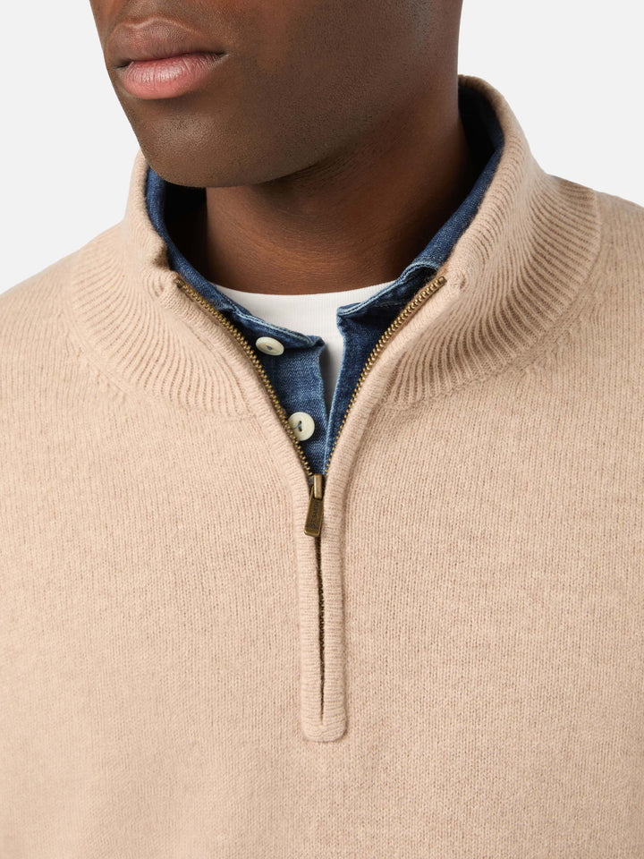 Beiger Jermyn Half-Zip-Strickpullover aus Lambswool mit kontrastierendem Kragen 
