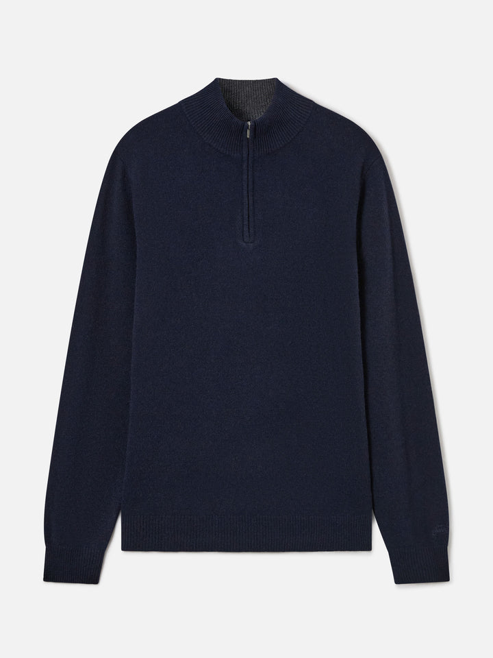 Pull en laine d'agneau Jermyn blue bleu marine à demi-zip avec col contrastant 