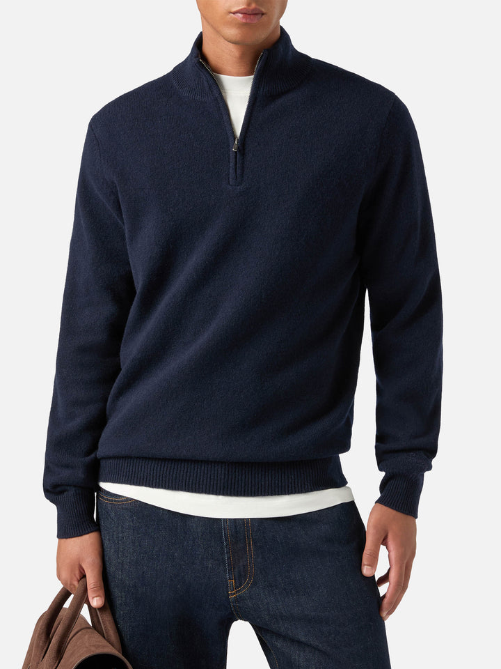Jersey half zip de lambswool Jermyn Navy blue con cuello en contraste 