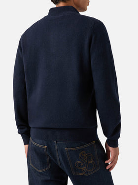Marineblauer blue Jermyn Strickpullover aus Lammwolle mit Halbzip und kontrastierendem Kragen 